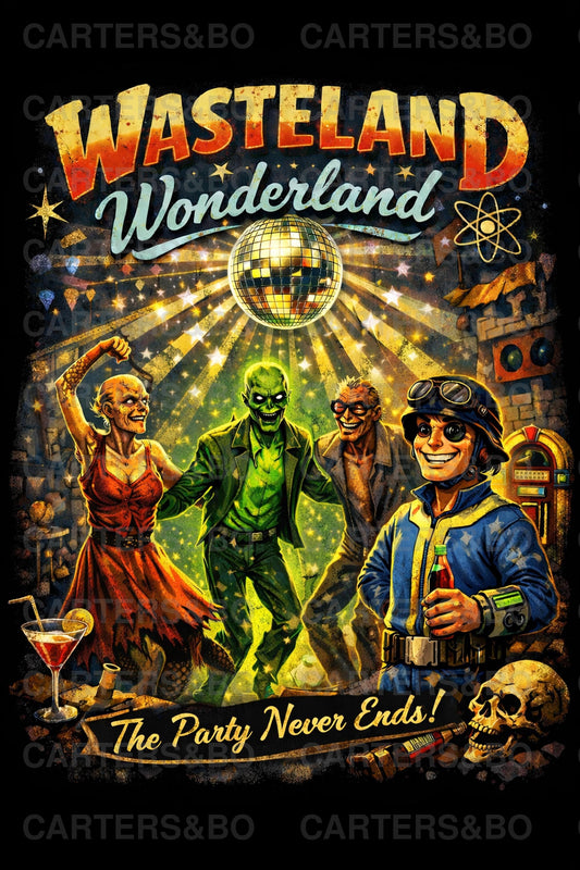 Wasteland Wonderland T-Shirt | Retro Apocalypse Party Shirt | Back Print Graphic Tee | Fallout-Inspired Streetwear