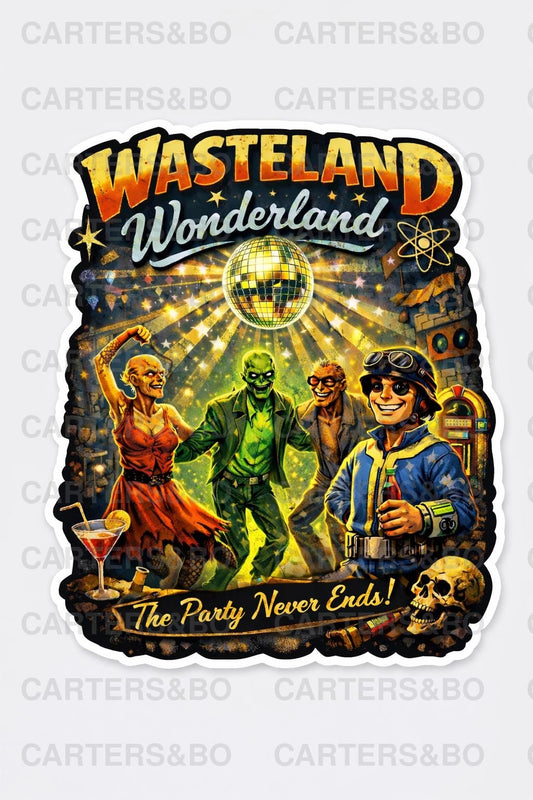 Wasteland Wonderland Vinyl Sticker | Retro Apocalypse Party Sticker | Laptop, Water Bottle, Gamer Sticker | Fallout-Inspired Art