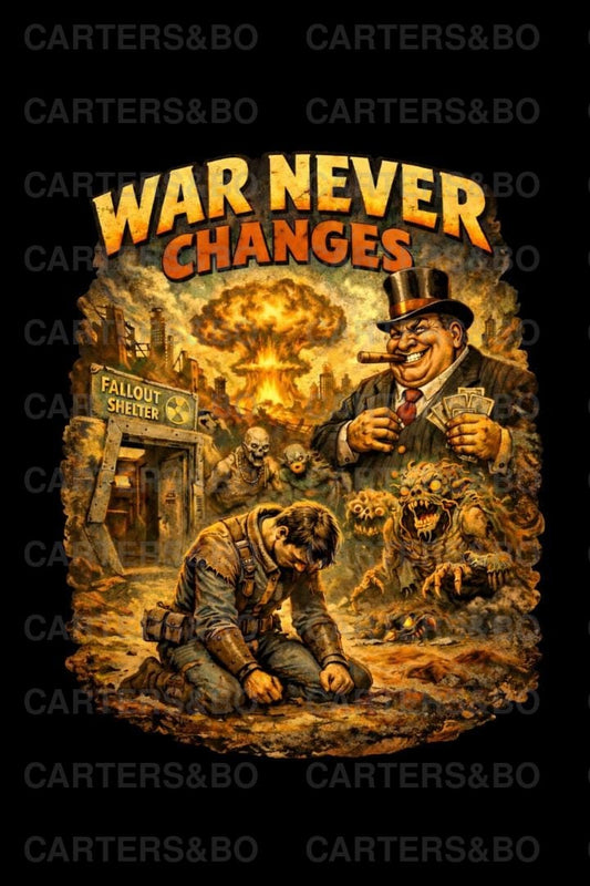 War Never Changes T-Shirt | Retro Post-Apocalyptic Graphic Tee | Atomic 50s Back Print Shirt | Dystopian Gamer Aesthetic