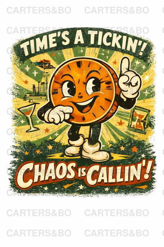 Retro Cartoon Clock T-Shirt | Funny Vintage Time Shirt | 1950s Atomic Age Graphic Tee | Chaos Is Callin’ | Unisex Shirt