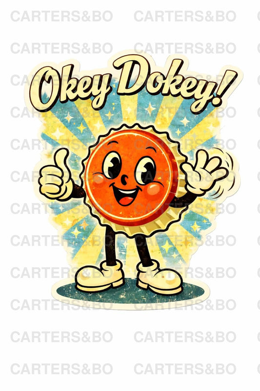 Okey Dokey! Retro Bottle Cap Sticker | Vintage 50s Cartoon Style