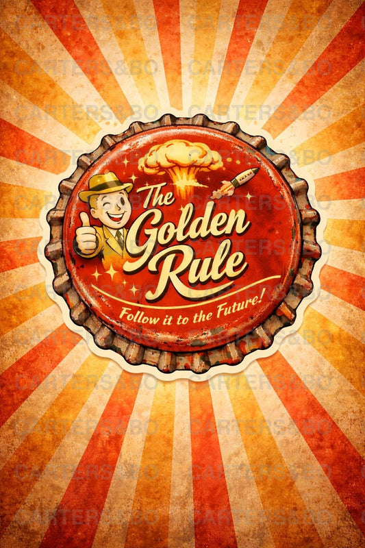 The Golden Rule Poster | Retro Atomic Style Wall Art | Vintage Bottle Cap Illustration | A4 & A3 Print