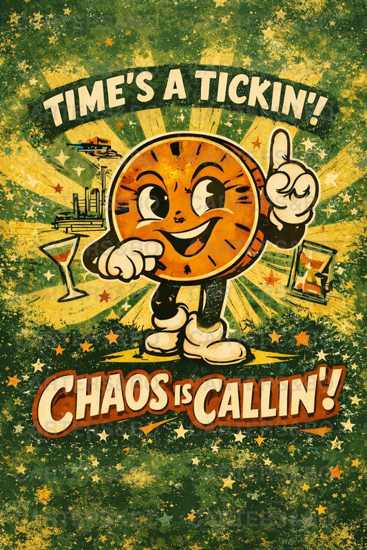 Time’s a Tickin’ Chaos Is Callin’ Poster | Retro Cartoon Wall Art | A4 & A3 Print