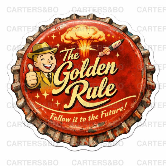 The Golden Rule Retro Bottle Cap Sticker | 1950s Atomic Style Vinyl Sticker | Vintage Fallout-Inspired Laptop Decal
