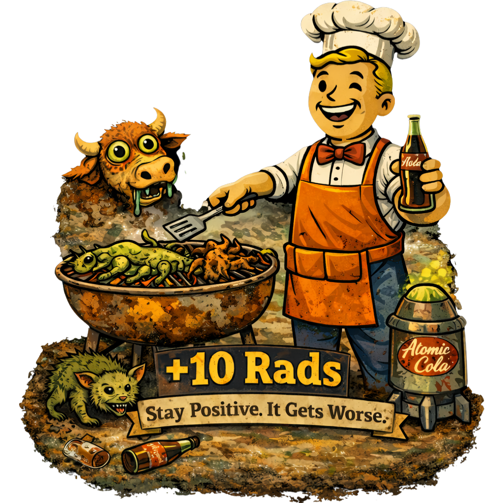 Funny Post Apocalyptic T Shirt | Retro Nuclear BBQ Shirt | Dark Humor Graphic Tee | Gamer Gift | +10 Rads Shirt