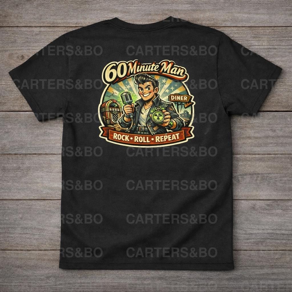60 Minute Man Retro Rock and Roll Shirt | Vintage 50s Cartoon Music Design | Rock Roll Repeat Graphic Tee