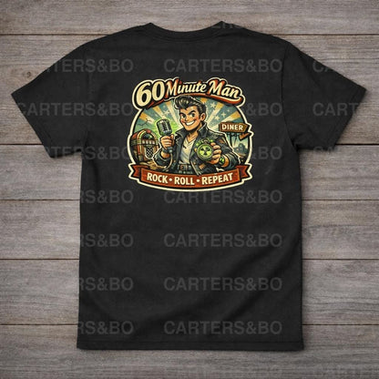 60 Minute Man Retro Rock and Roll Shirt | Vintage 50s Cartoon Music Design | Rock Roll Repeat Graphic Tee