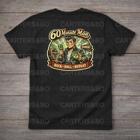 60 Minute Man Retro Rock and Roll Shirt | Vintage 50s Cartoon Music Design | Rock Roll Repeat Graphic Tee