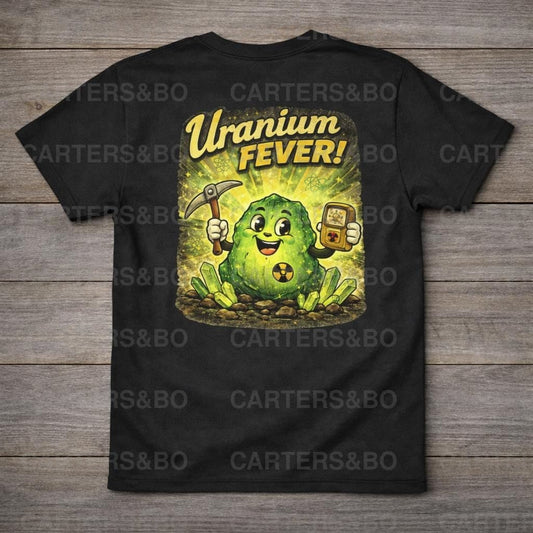 Uranium Fever Retro T Shirt | Atomic Age Cartoon Graphic Tee | Vintage 50s Style Funny Black T Shirt