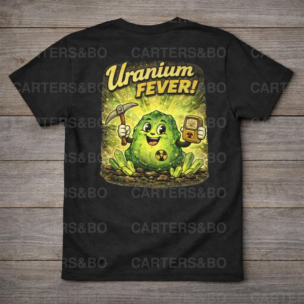 Uranium Fever Retro T Shirt | Atomic Age Cartoon Graphic Tee | Vintage 50s Style Funny Black T Shirt