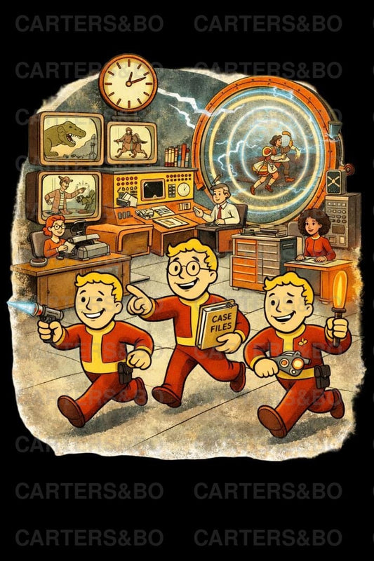 Retro Time Travel T Shirt | Vintage 50s Cartoon Sci Fi Graphic Tee | Time Bureau Style Black Shirt