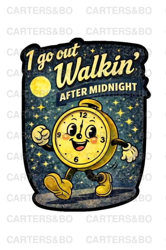 I Go Out Walkin’ After Midnight Sticker | Retro 50s Cartoon Clock Vinyl Sticker | Vintage Night Owl Art | Laptop & Water Bottle Decal