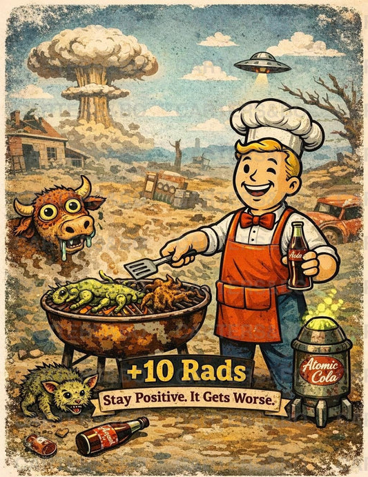 Funny Post Apocalyptic T Shirt | Retro Nuclear BBQ Shirt | Dark Humor Graphic Tee | Gamer Gift | +10 Rads Shirt