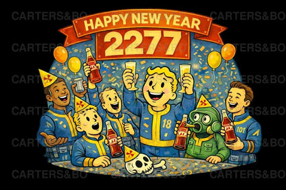 Happy New Year 2277 T Shirt | Retro Sci Fi Cartoon Tee | Vintage 50s Style Post Apocalyptic Shirt
