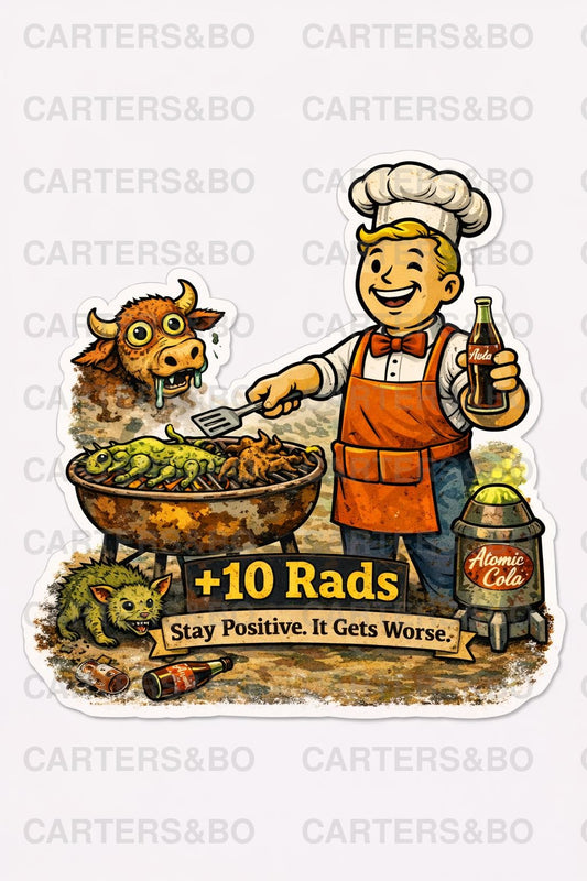 Funny Post Apocalyptic Sticker | Retro Nuclear BBQ Vinyl Sticker | Dark Humor Gamer Sticker | Laptop Sticker | +10 Rads Decal