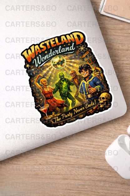 Wasteland Wonderland Vinyl Sticker | Retro Apocalypse Party Sticker | Laptop, Water Bottle, Gamer Sticker | Fallout-Inspired Art