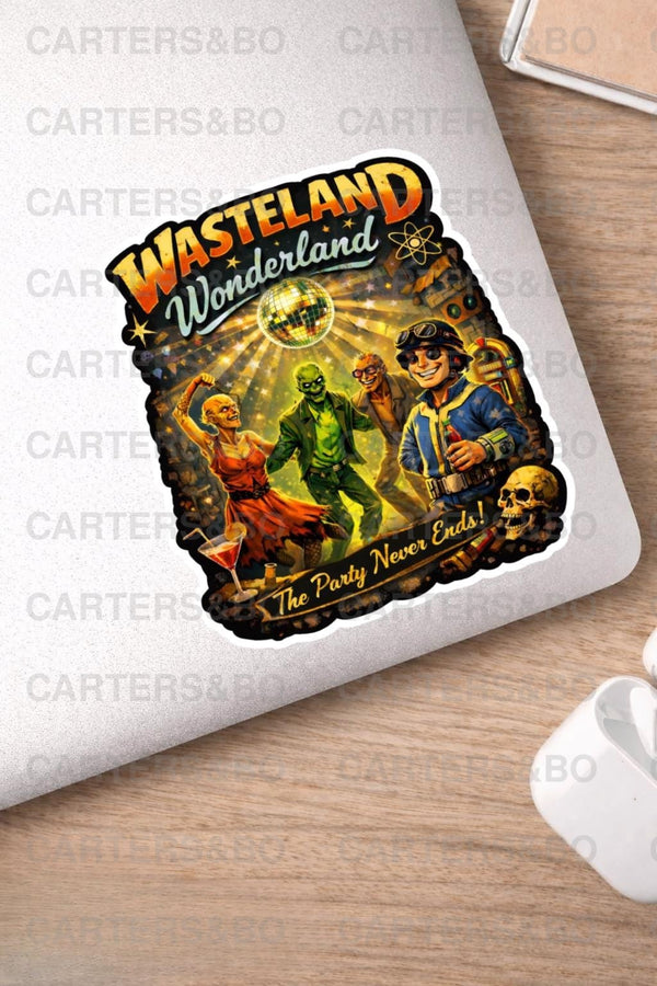 Wasteland Wonderland Vinyl Sticker | Retro Apocalypse Party Sticker | Laptop, Water Bottle, Gamer Sticker | Fallout-Inspired Art