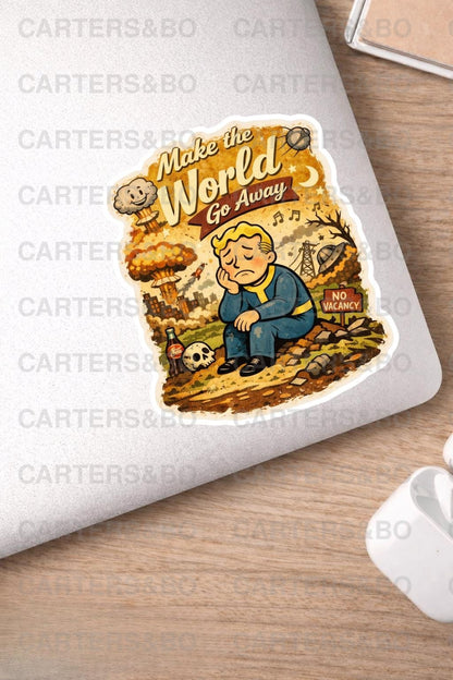 Retro 50s Fallout Style Sticker | “Make the World Go Away” | Post Apocalyptic Cartoon Vinyl Sticker