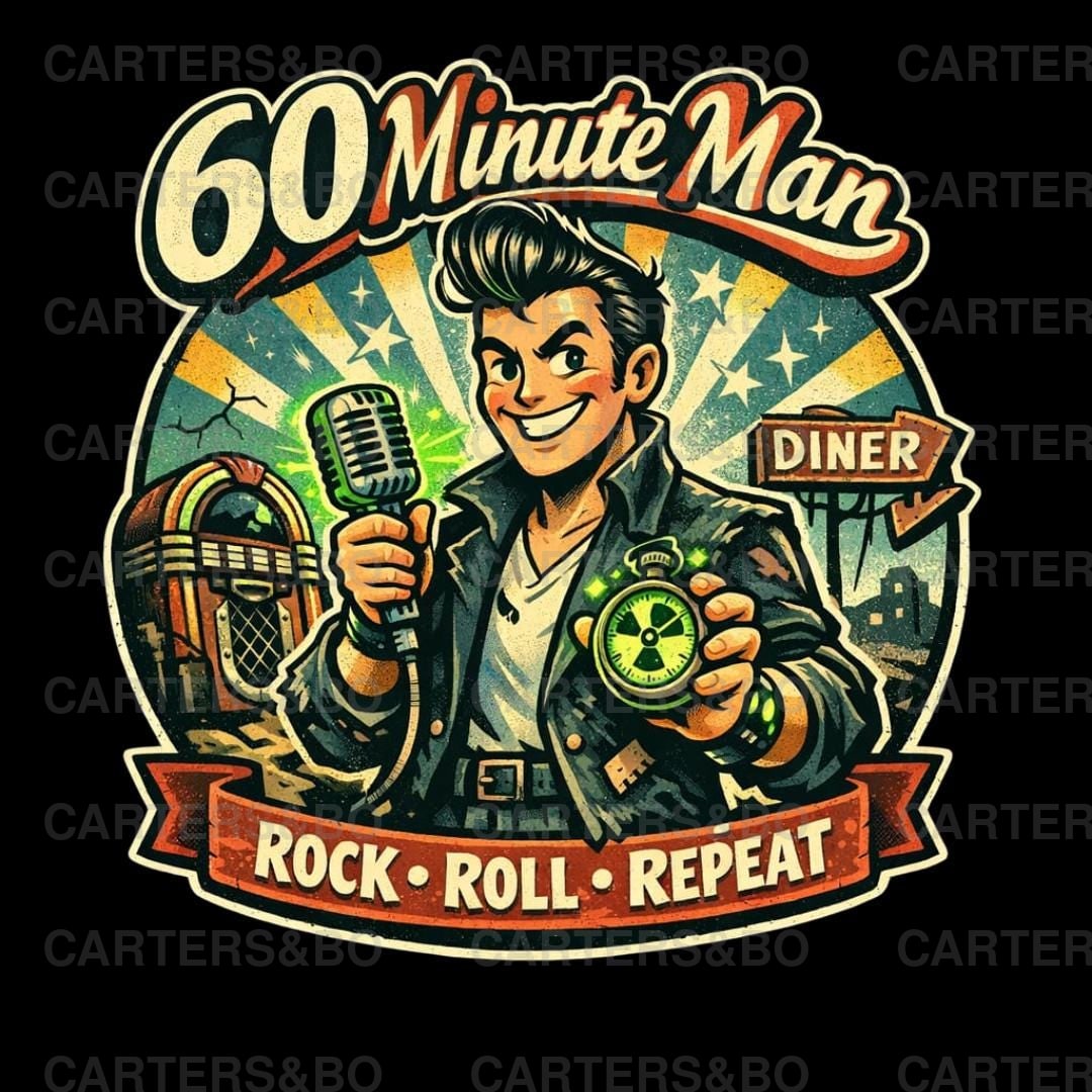 60 Minute Man Retro Rock and Roll Shirt | Vintage 50s Cartoon Music Design | Rock Roll Repeat Graphic Tee