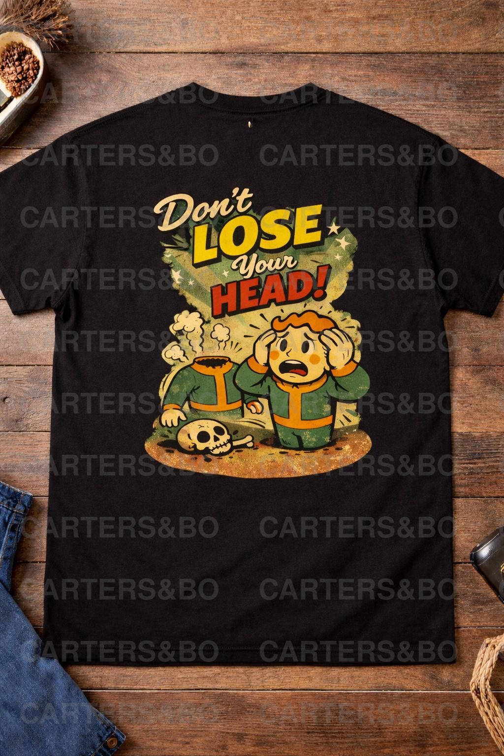 Retro 50s Atomic Cartoon T Shirt – Don’t Lose Your Head – Vintage Safety Graphic Tee – Dark Humour Shirt