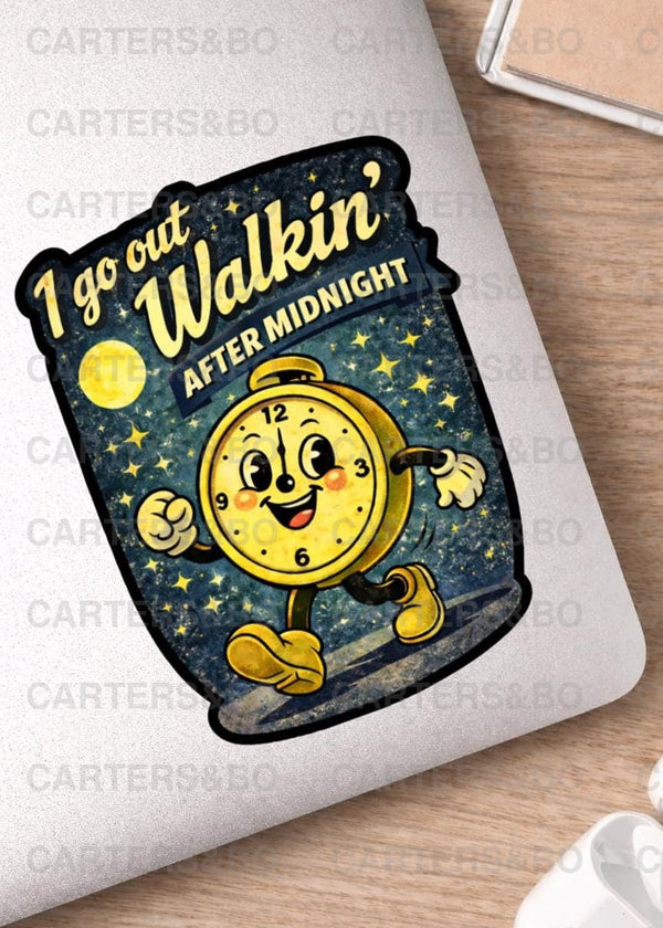I Go Out Walkin’ After Midnight Sticker | Retro 50s Cartoon Clock Vinyl Sticker | Vintage Night Owl Art | Laptop & Water Bottle Decal