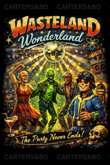 Wasteland Wonderland T-Shirt | Retro Apocalypse Party Shirt | Back Print Graphic Tee | Fallout-Inspired Streetwear