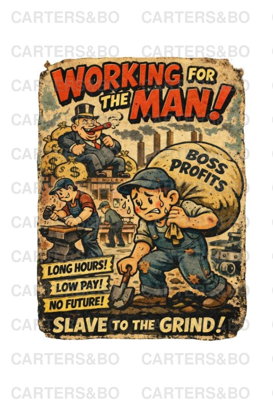 Working for the Man Sticker | Retro Anti Work Vinyl Sticker | Vintage Labor Protest Cartoon | Laptop & Hard Hat Decal