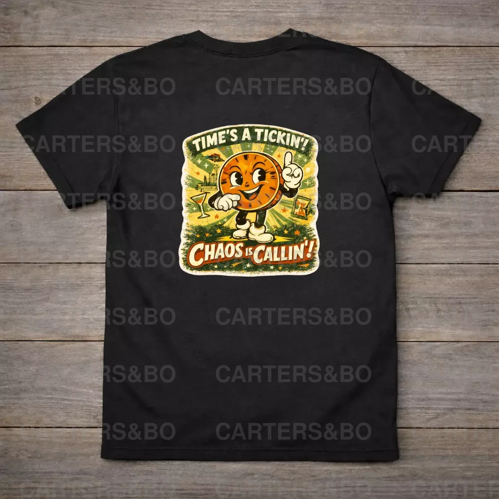 Retro Cartoon Clock T-Shirt | Funny Vintage Time Shirt | 1950s Atomic Age Graphic Tee | Chaos Is Callin’ | Unisex Shirt
