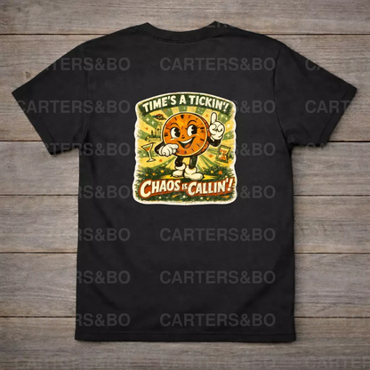 Retro Cartoon Clock T-Shirt | Funny Vintage Time Shirt | 1950s Atomic Age Graphic Tee | Chaos Is Callin’ | Unisex Shirt