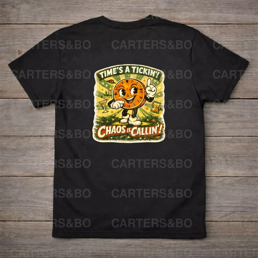 Retro Cartoon Clock T-Shirt | Funny Vintage Time Shirt | 1950s Atomic Age Graphic Tee | Chaos Is Callin’ | Unisex Shirt