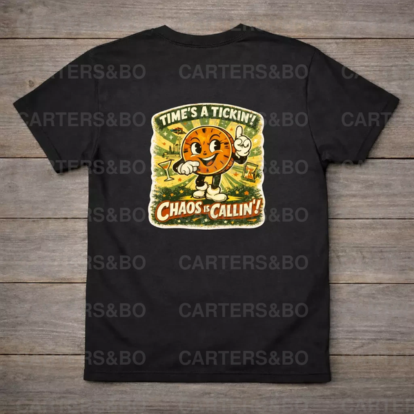 Retro Cartoon Clock T-Shirt | Funny Vintage Time Shirt | 1950s Atomic Age Graphic Tee | Chaos Is Callin’ | Unisex Shirt