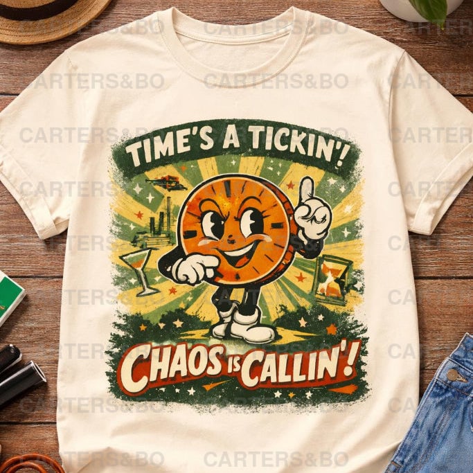 Retro Cartoon Clock T-Shirt | Funny Vintage Time Shirt | 1950s Atomic Age Graphic Tee | Chaos Is Callin’ | Unisex Shirt