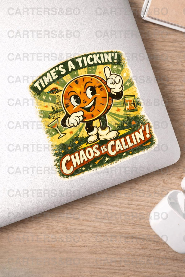 Retro Cartoon Clock Sticker | Funny Vintage Time Sticker | Atomic Age Vinyl Decal | Chaos Is Callin’ | Laptop Sticker