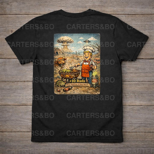 Funny Post Apocalyptic T Shirt | Retro Nuclear BBQ Shirt | Dark Humor Graphic Tee | Gamer Gift | +10 Rads Shirt