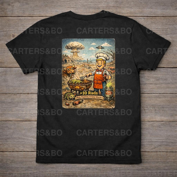Funny Post Apocalyptic T Shirt | Retro Nuclear BBQ Shirt | Dark Humor Graphic Tee | Gamer Gift | +10 Rads Shirt
