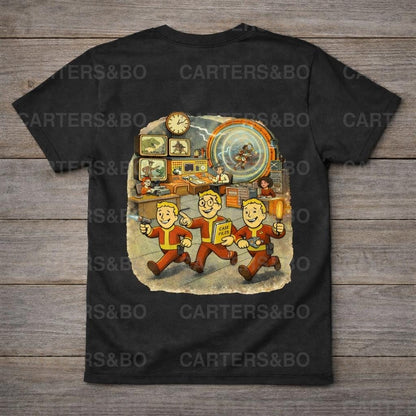 Retro Time Travel T Shirt | Vintage 50s Cartoon Sci Fi Graphic Tee | Time Bureau Style Black Shirt