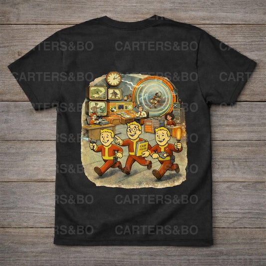 Retro Time Travel T Shirt | Vintage 50s Cartoon Sci Fi Graphic Tee | Time Bureau Style Black Shirt