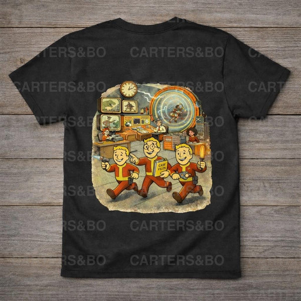 Retro Time Travel T Shirt | Vintage 50s Cartoon Sci Fi Graphic Tee | Time Bureau Style Black Shirt