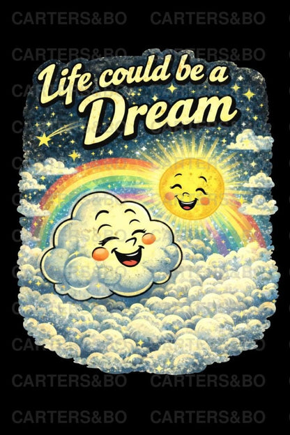 Life Could Be a Dream Retro T Shirt – Vintage Smiling Sun & Cloud Graphic Tee – Whimsical Aesthetic Back Print Shirt – Gift for Dreamers