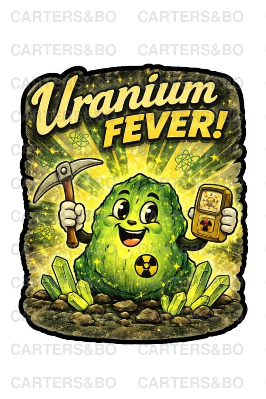 Uranium Fever Sticker | Retro Atomic Cartoon Vinyl Sticker | Nuclear Humor Laptop Sticker | Fallout-Inspired Decal