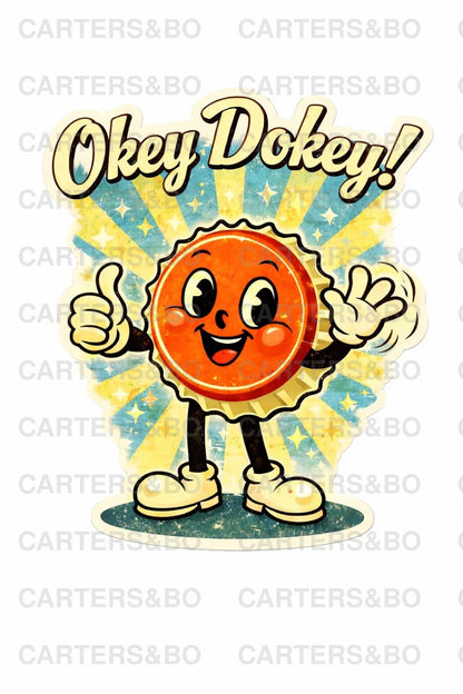 Okey Dokey! Retro Bottle Cap Sticker | Vintage 50s Cartoon Style