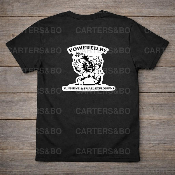 Powered by Sunshine & Small Explosions T-Shirt | Retro Atomic Flower Graphic Tee | Fallout Style Back Print Shirt
