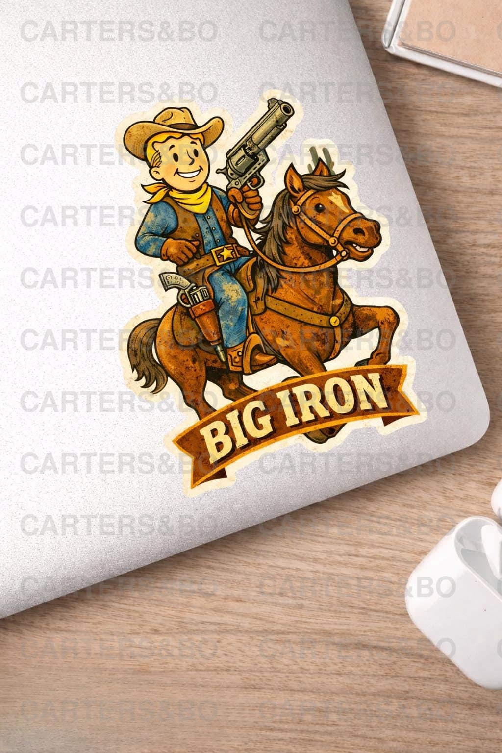 Big Iron Fallout Cowboy Sticker | Retro Western Vinyl Sticker | Vintage Cartoon Cowboy Decal | Laptop, Water Bottle, Journal Sticker