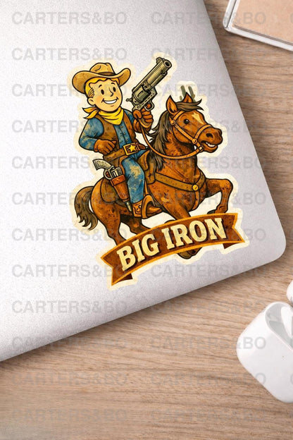 Big Iron Fallout Cowboy Sticker | Retro Western Vinyl Sticker | Vintage Cartoon Cowboy Decal | Laptop, Water Bottle, Journal Sticker