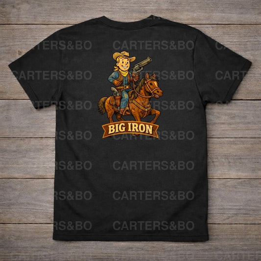 Big Iron Fallout Cowboy T-Shirt | Retro Western Cartoon Tee | Minimal Vintage Cowboy Horse Shirt