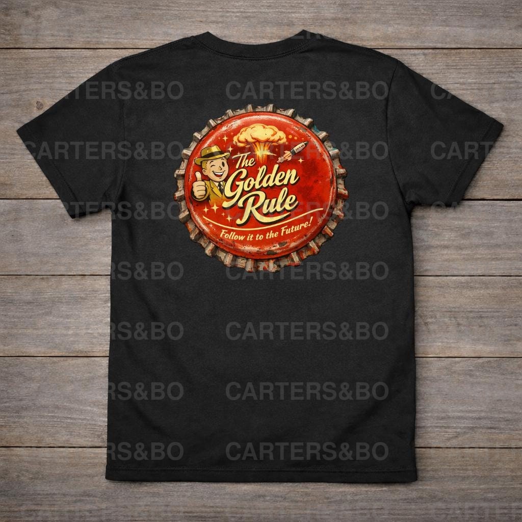 The Golden Rule Retro Bottle Cap T-Shirt | 1950s Atomic Style Graphic Tee | Vintage Fallout-Inspired Streetwear