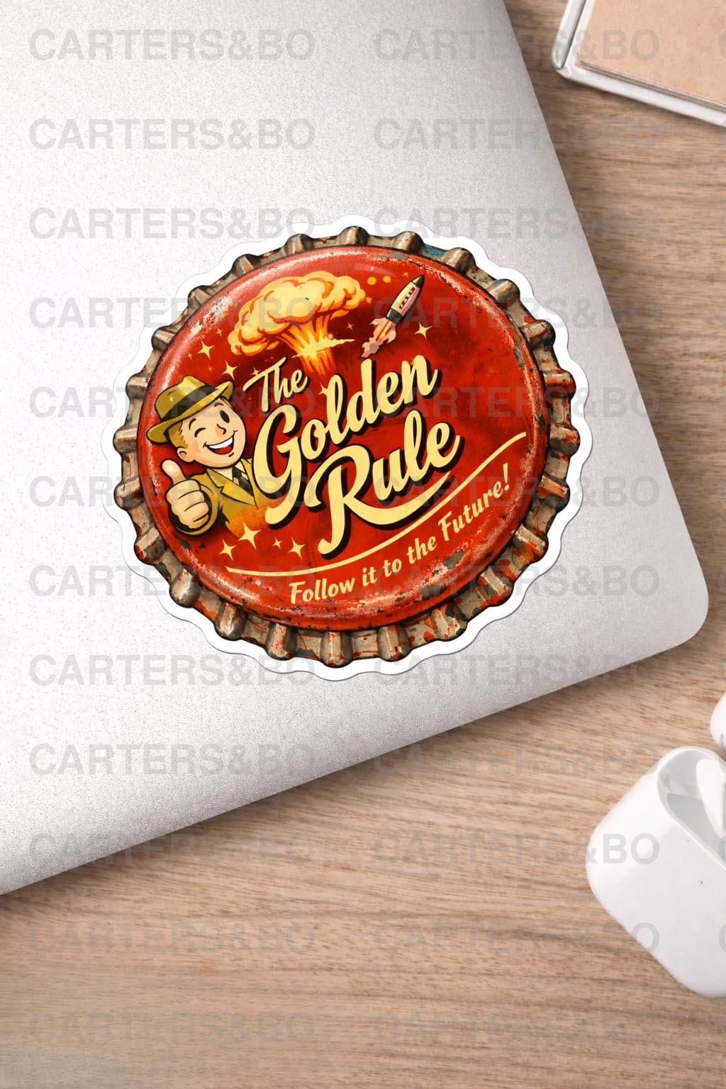 The Golden Rule Retro Bottle Cap Sticker | 1950s Atomic Style Vinyl Sticker | Vintage Fallout-Inspired Laptop Decal