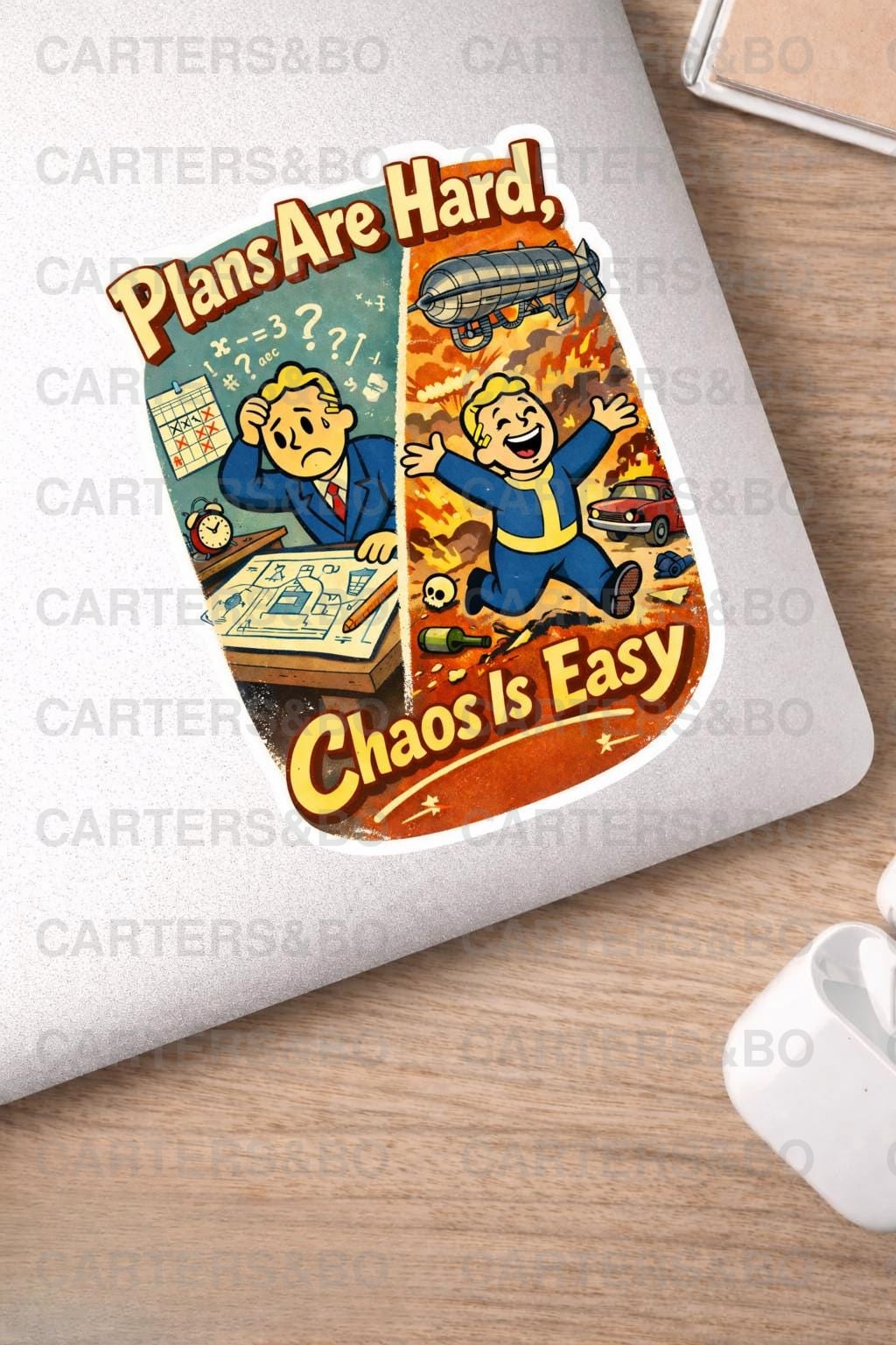 Plans Are Hard, Chaos Is Easy Sticker | Retro 50s Cartoon Vinyl Sticker | Funny Planner Humor | Laptop