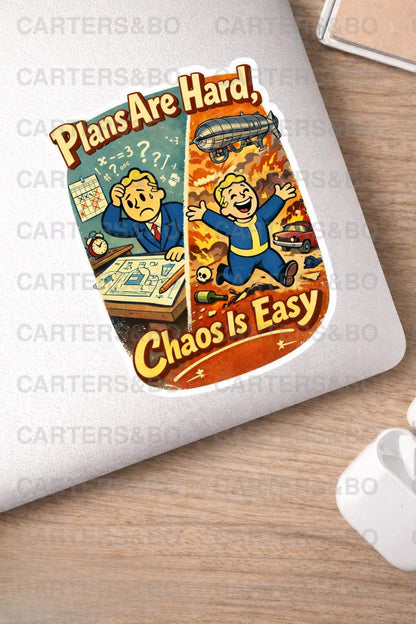 Plans Are Hard, Chaos Is Easy Sticker | Retro 50s Cartoon Vinyl Sticker | Funny Planner Humor | Laptop