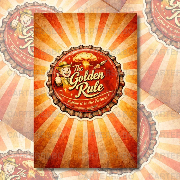 The Golden Rule Poster | Retro Atomic Style Wall Art | Vintage Bottle Cap Illustration | A4 & A3 Print
